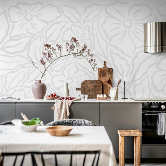 Fototapet floral cu design delicat pe fundal alb într-o bucătărie modernă