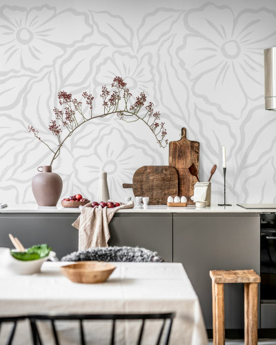 Fototapet floral cu design delicat pe fundal alb într-o bucătărie modernă