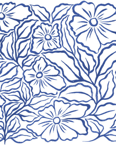 Dormitor cu fototapet floral albastru