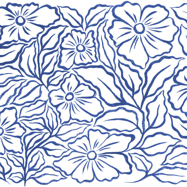 Dormitor cu fototapet floral albastru