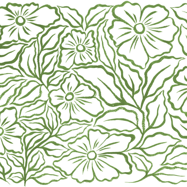 Tapet floral verde cu design stilizat în living