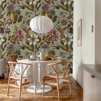 Tapet floral bej cu colibri