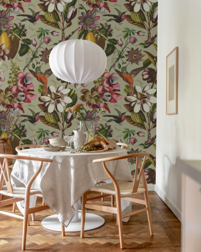 Tapet floral bej cu colibri