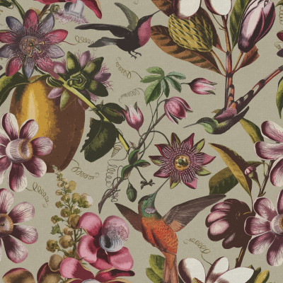 Tapet floral bej cu colibri