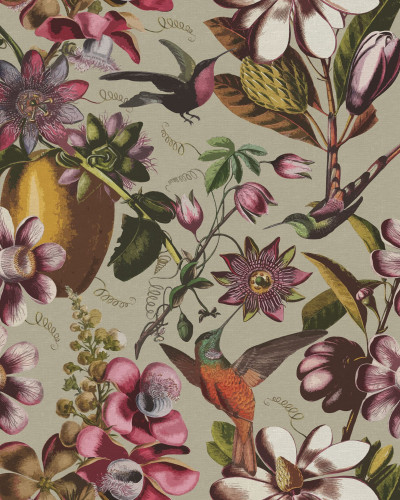 Tapet floral bej cu colibri