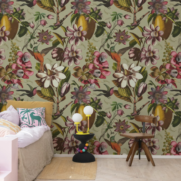 Tapet floral bej cu colibri