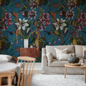 Tapet floral albastru cu colibri și flori