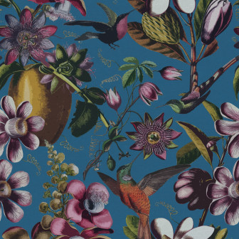 Tapet floral albastru cu colibri și flori