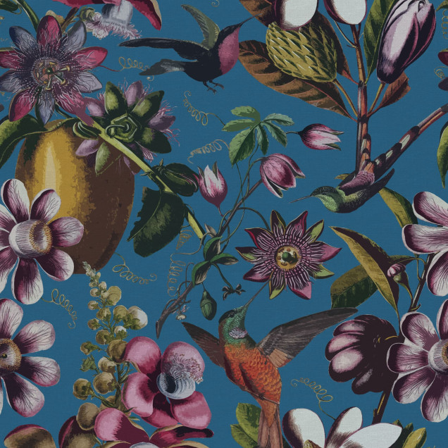 Tapet floral albastru cu colibri și flori