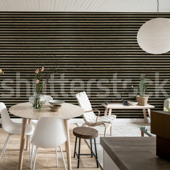 Tapet decorativ cu aspect de lemn orizontal într-un living modern