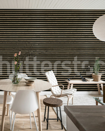 Tapet decorativ cu aspect de lemn orizontal într-un living modern