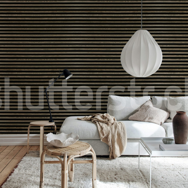Tapet decorativ cu aspect de lemn orizontal într-un living modern