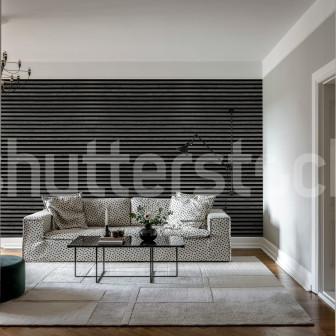 Living modern cu fototapet aspect lemn orizontal gri