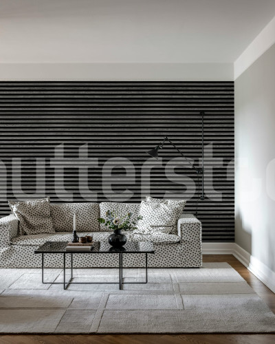 Living modern cu fototapet aspect lemn orizontal gri