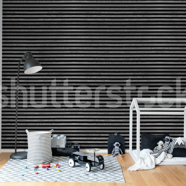 Living modern cu fototapet aspect lemn orizontal gri