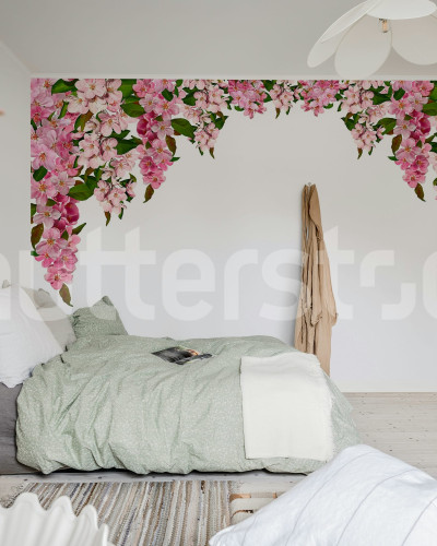 Fototapet floral roz cu ghirlande de flori