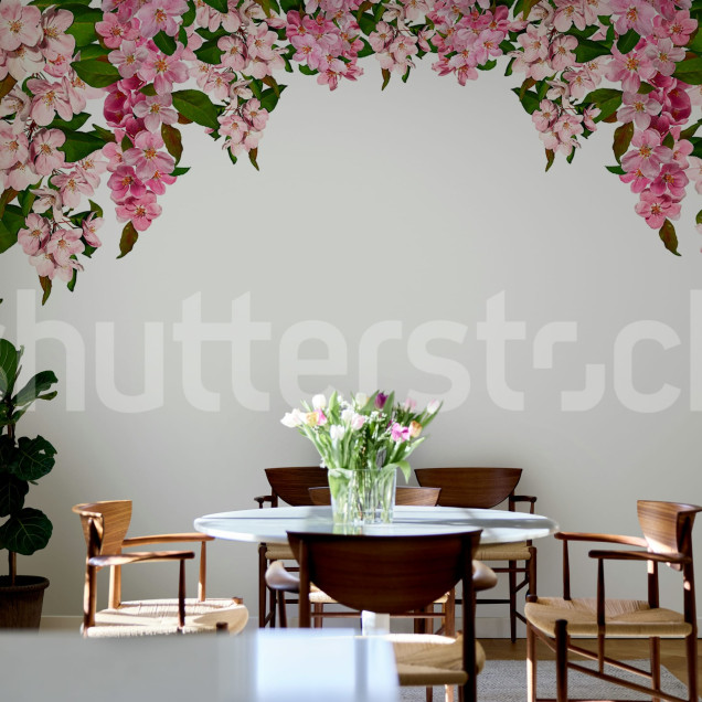 Fototapet floral roz cu ghirlande de flori