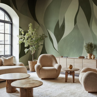 Fototapet verde cu model abstract în living modern