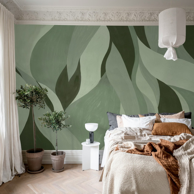 Fototapet verde cu model abstract în living modern