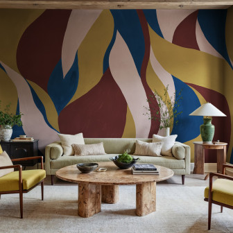 Fototapet abstract cu forme fluide în tonuri de roșu, albastru și auriu