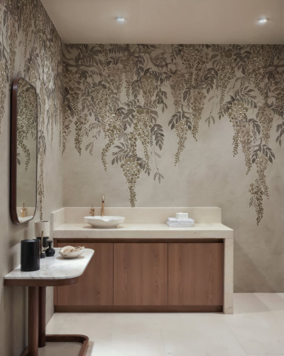Fototapet floral cu glicină gri într-o baie elegantă