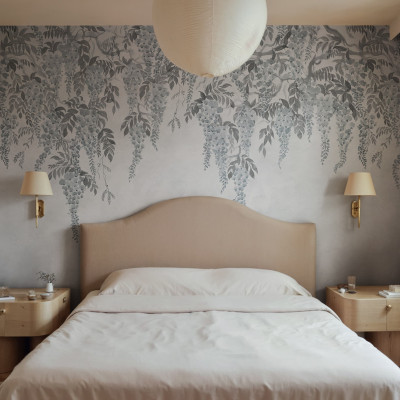 Dormitor decorat cu tapet floral albastru