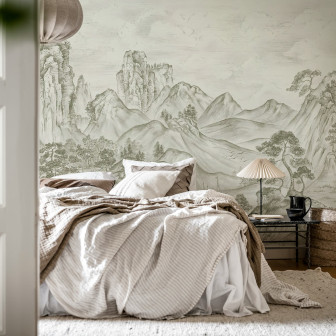 Tapet decorativ cu pini și munți într-un dormitor