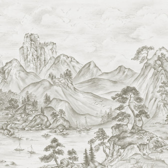 Tapet decorativ cu pini și munți într-un dormitor