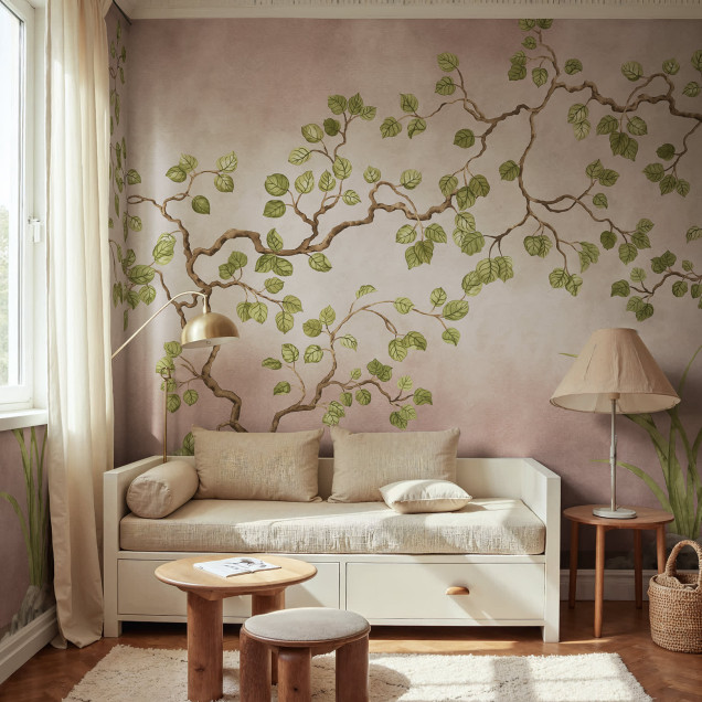 Dormitor decorat cu tapet floral cu ramuri și frunze verzi pe fond roz