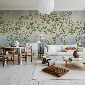 Fototapet decorativ cu design floral în nuanțe de albastru și verde