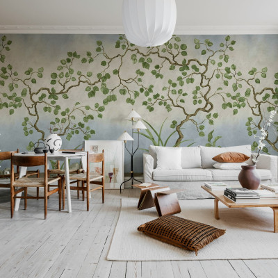 Fototapet decorativ cu design floral în nuanțe de albastru și verde