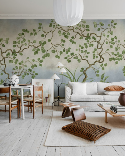 Fototapet decorativ cu design floral în nuanțe de albastru și verde
