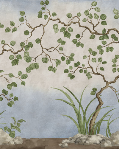 Fototapet decorativ cu design floral în nuanțe de albastru și verde