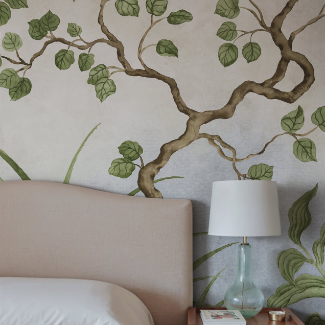 Fototapet decorativ cu design floral în nuanțe de albastru și verde