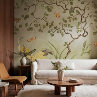 Fototapet cu berze, frunze și fluturi pe fundal verde