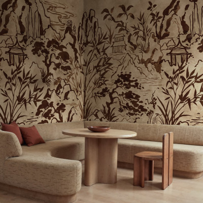 Fototapet maro cu design inspirat din natură într-un interior modern