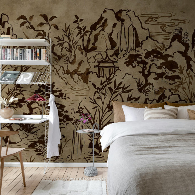 Fototapet maro cu design inspirat din natură într-un interior modern