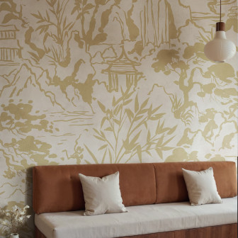 Fototapet bej cu design oriental într-un living modern