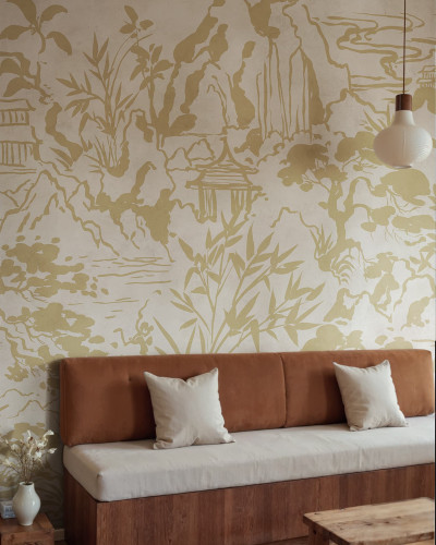 Fototapet bej cu design oriental într-un living modern