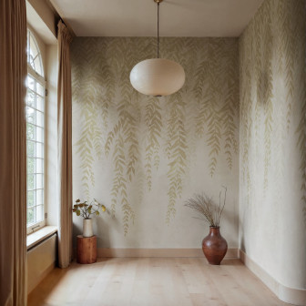 Tapet bej cu model delicat de frunze, aducând natura în interior