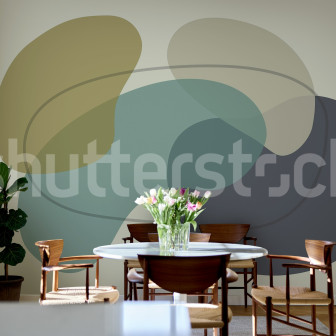 Tapet abstract cu forme organice albastre într-o sufragerie modernă