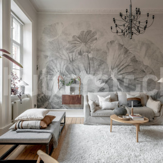 Fototapet cu frunze de lotus gri într-un interior modern