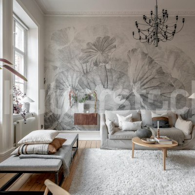 Fototapet cu frunze de lotus gri într-un interior modern