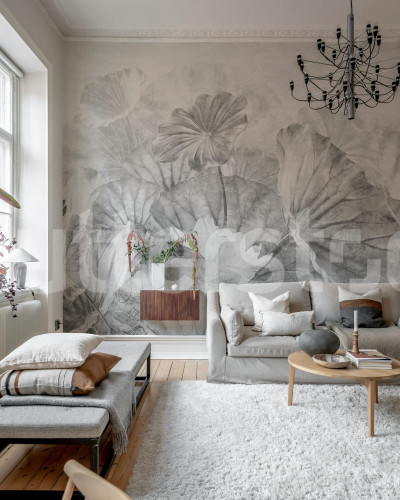Fototapet cu frunze de lotus gri într-un interior modern