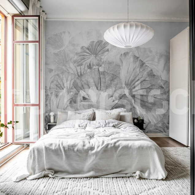 Fototapet cu frunze de lotus gri într-un interior modern