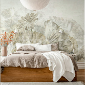 Tapet bej cu frunze de lotus într-un dormitor