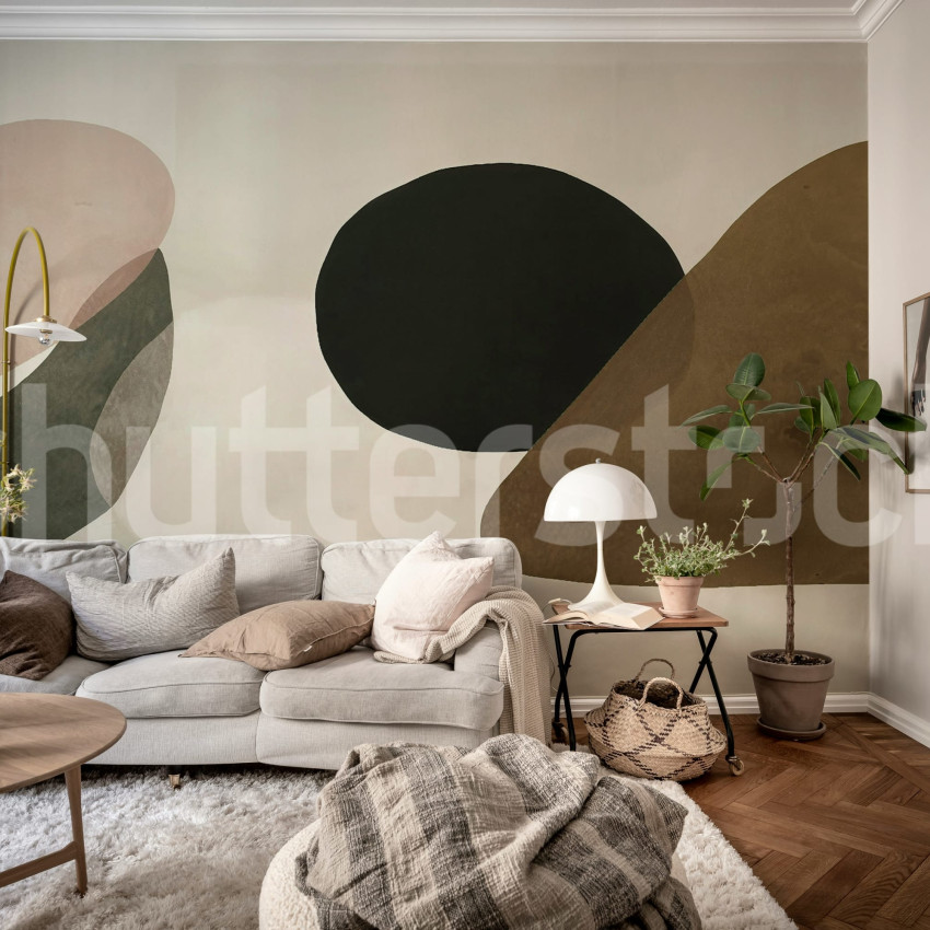 Tapet abstract cu forme moderne în nuanțe de bej, design interior