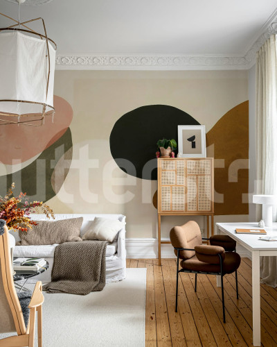 Tapet abstract cu forme moderne în nuanțe de bej, design interior