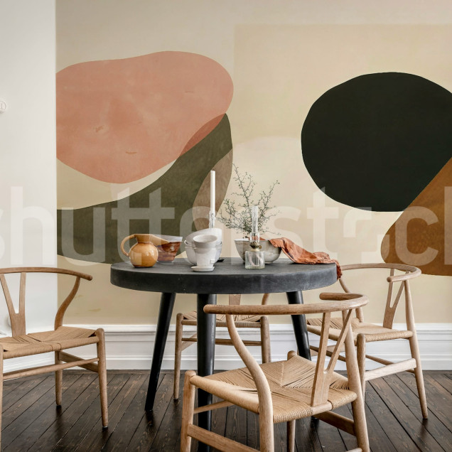 Tapet abstract cu forme moderne în nuanțe de bej, design interior