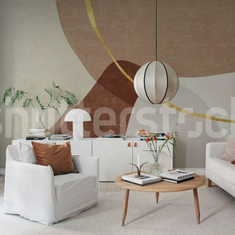 Fototapet cu linii aurii și forme abstracte într-un interior modern